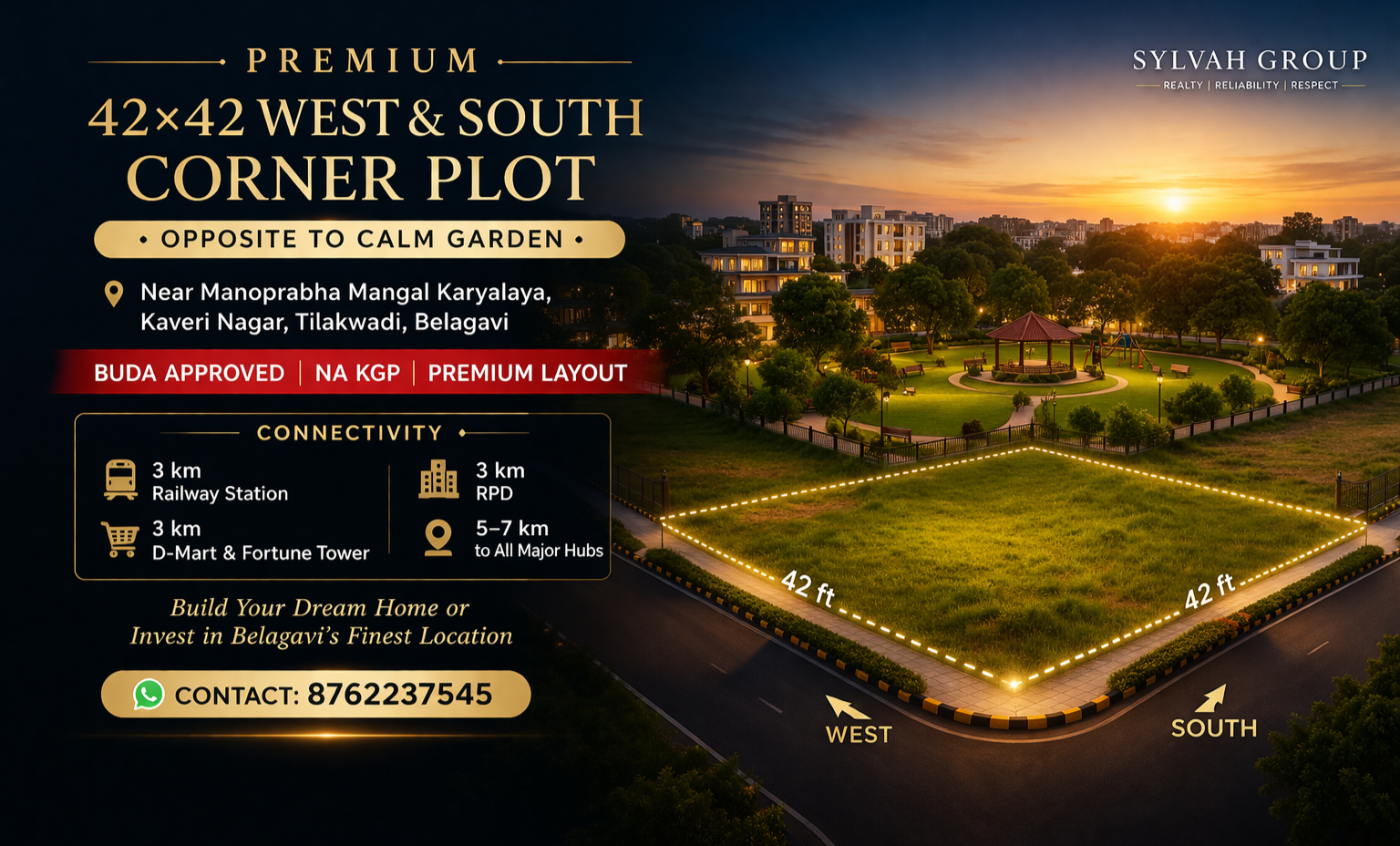 Premium 42×42 West-South Corner Plot in Kaveri Nagar, Tilakwadi – BUDA Approved | Prime Location